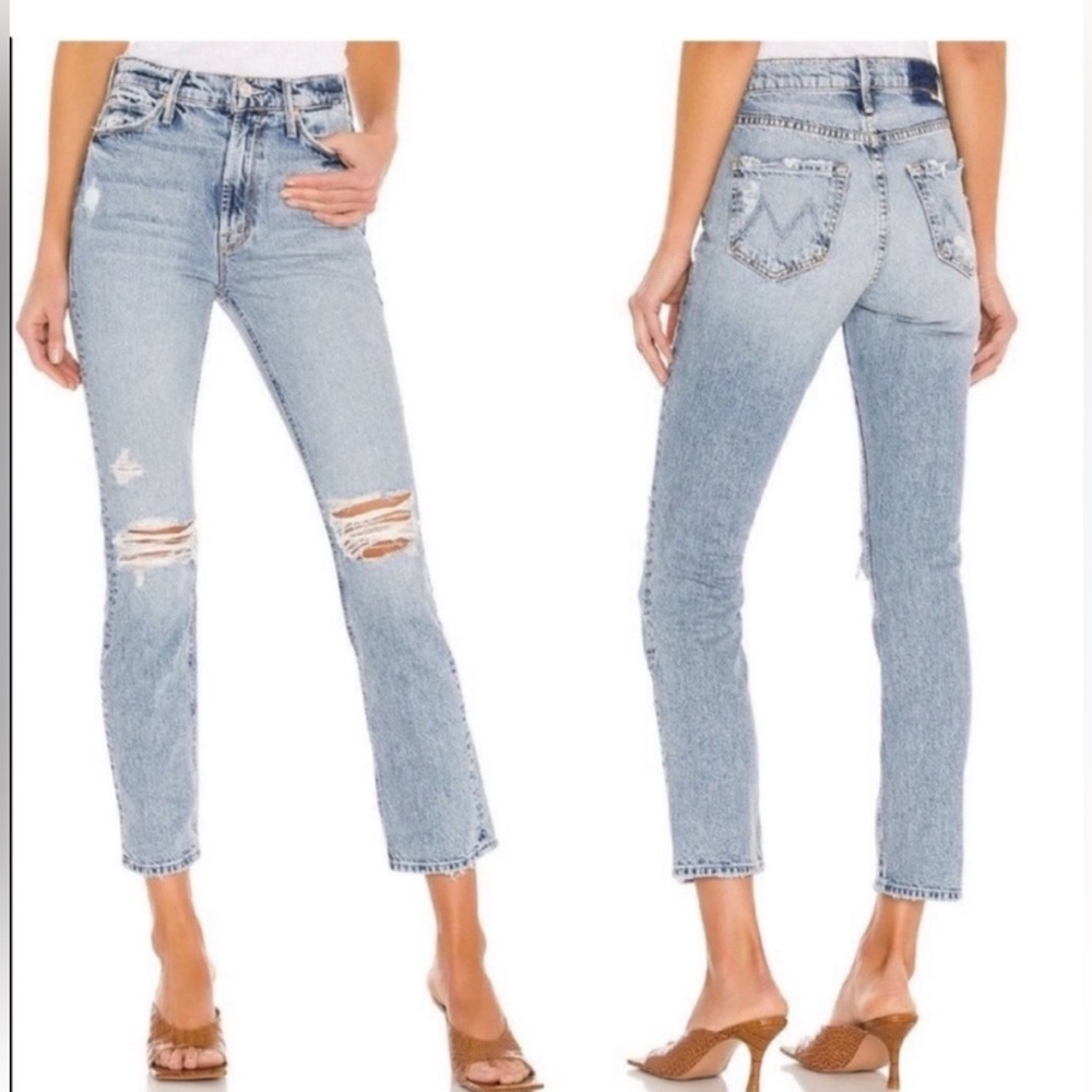 MOTHER Blue Ankle Cropped Distressed Jeans